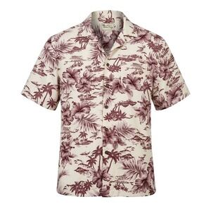 Milano Bay Mens Hawaiian Shirt Med Burgundy Cream Tropical Palm‎ Hibiscus Aloha